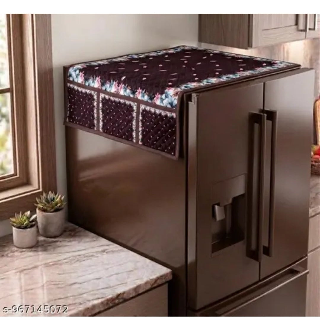 01 presents Brown Quilted Refrigerator Top Cover with 6 Utility Pockets (Floral Border, Brown) 21X39 Inches